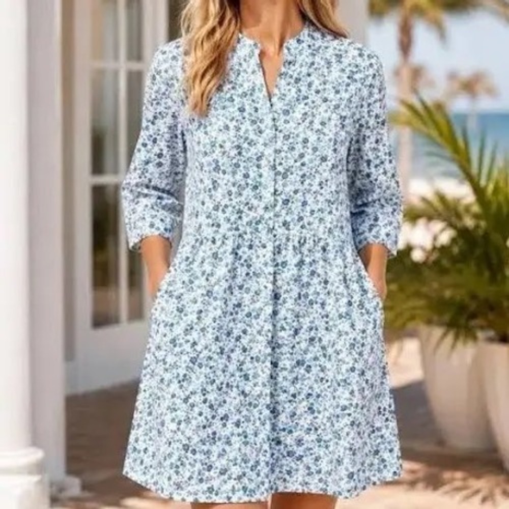 Tuckernuck Blue Floral Chintz Royal Shirt Dress 3/4 Sleeve Pockets NWT